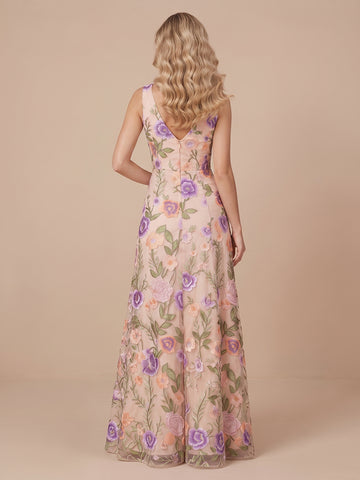 A Line V Neck Sleeveless Long Wedding Guest Dresses with Slit