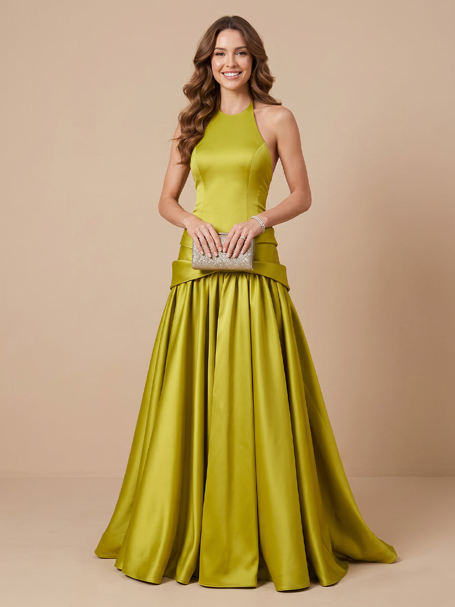 Satin A Line Halter Sleeveless Floor Length Wedding Guest Dresses