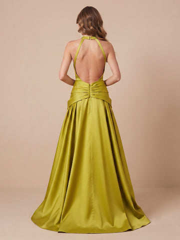 Satin A Line Halter Sleeveless Floor Length Wedding Guest Dresses