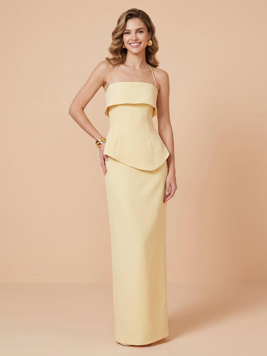 Satin Strapless A Line Halter Sleeveless Floor Length Wedding Guest Dresses