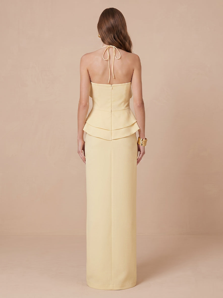 Satin Strapless A Line Halter Sleeveless Floor Length Wedding Guest Dresses
