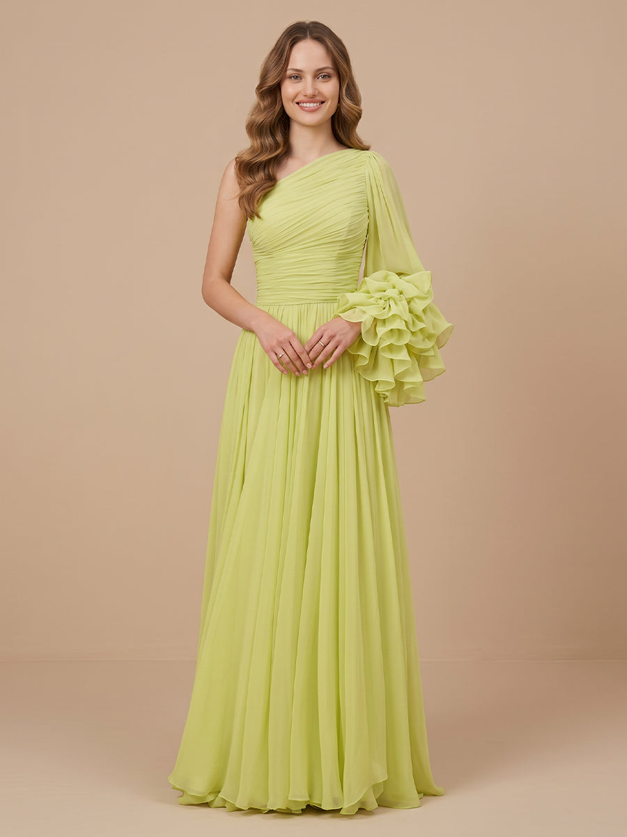 Chiffon One Shoulder Long Sleeves Floor Length Wedding Guest Dresses