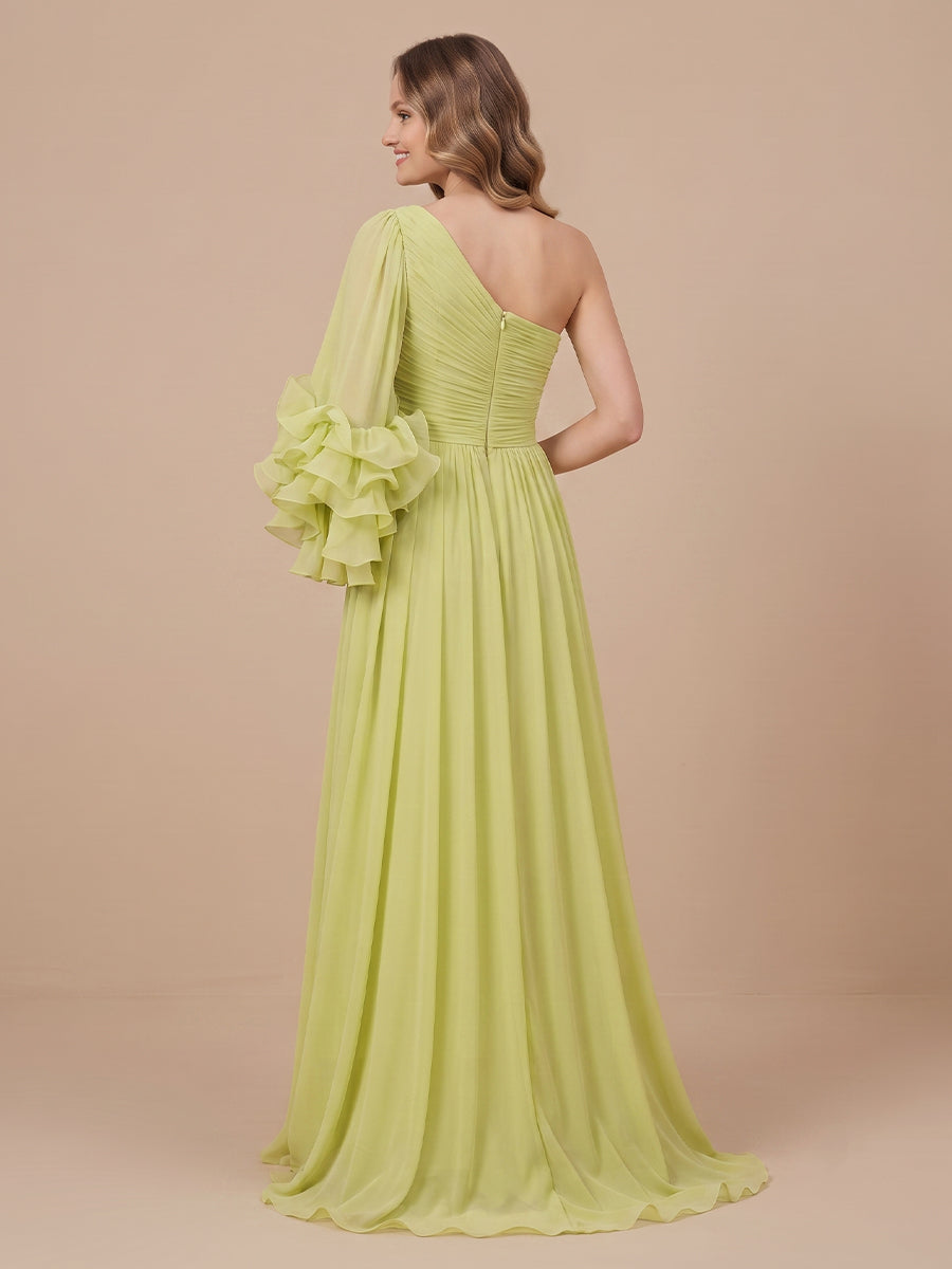 Chiffon One Shoulder Long Sleeves Floor Length Wedding Guest Dresses