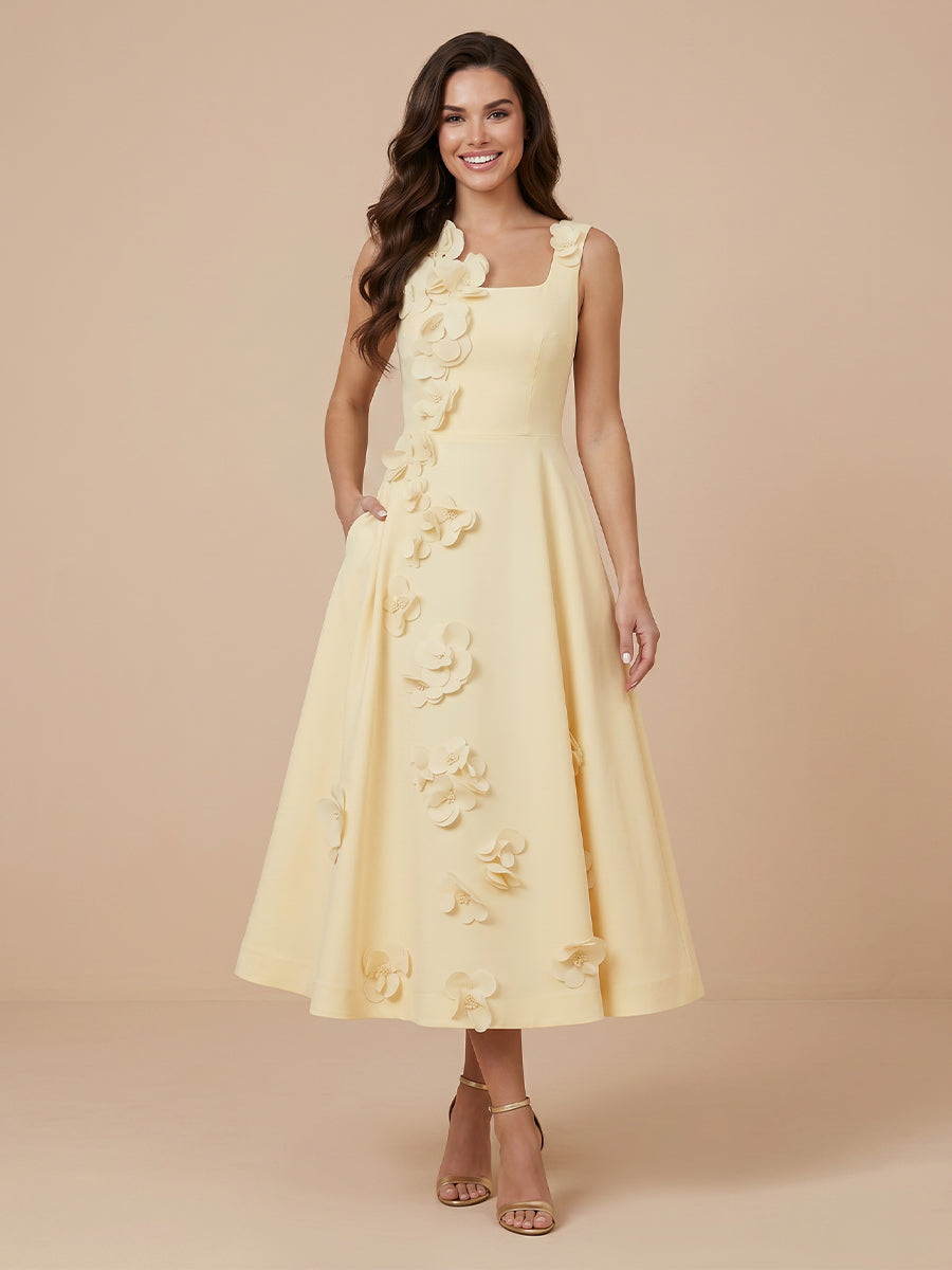 Satin A Line Square Neck Sleeveless Tea Length Wedding Guest Dresses with Flower