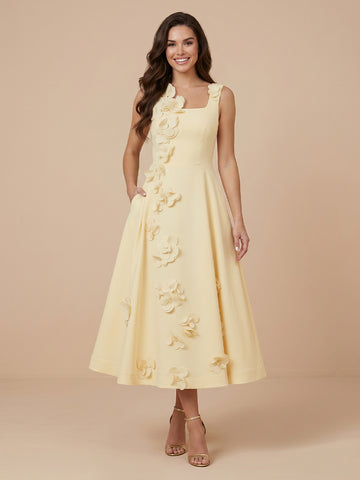 Satin A Line Square Neck Sleeveless Tea Length Wedding Guest Dresses with Flower