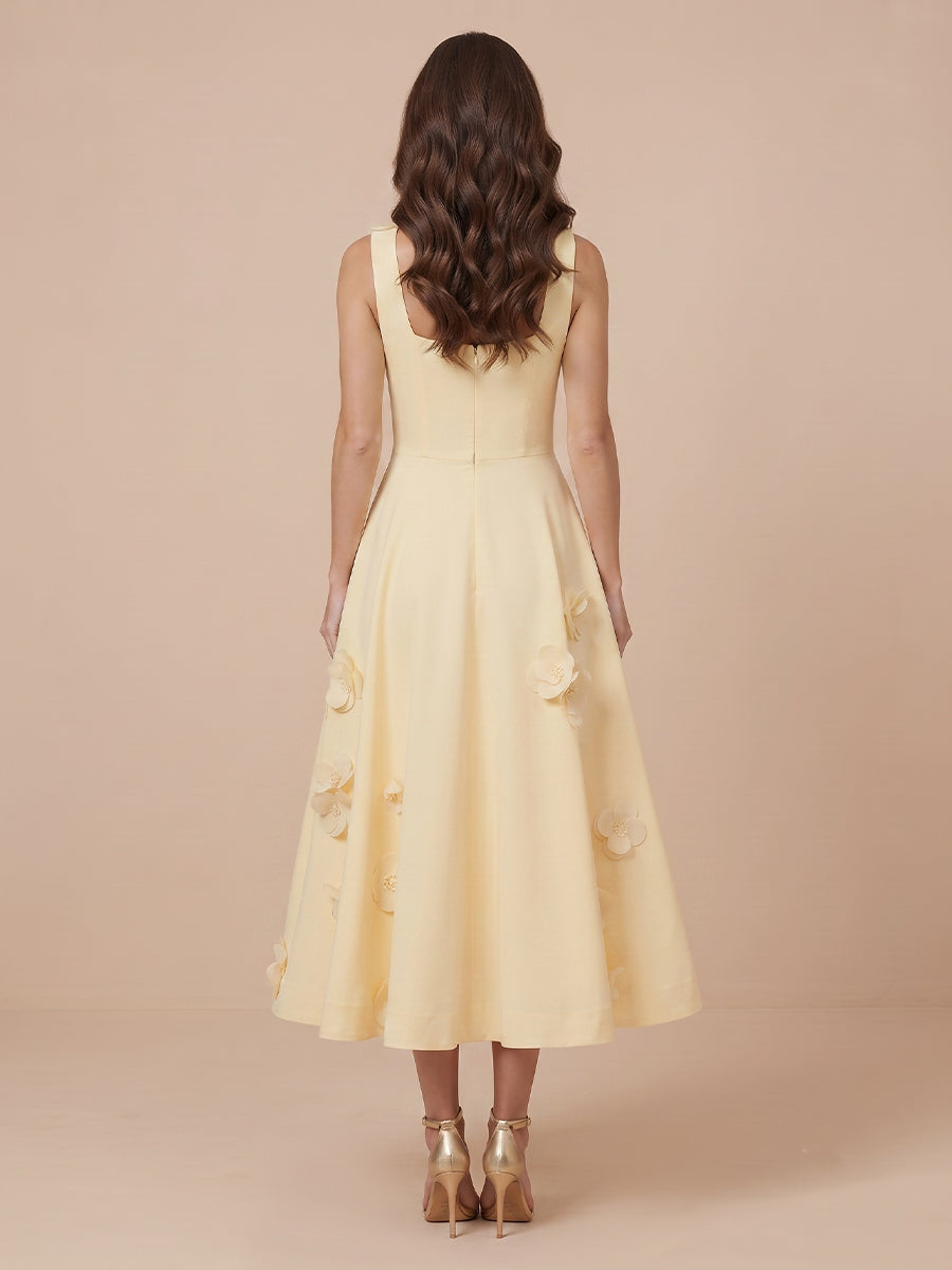 Satin A Line Square Neck Sleeveless Tea Length Wedding Guest Dresses with Flower