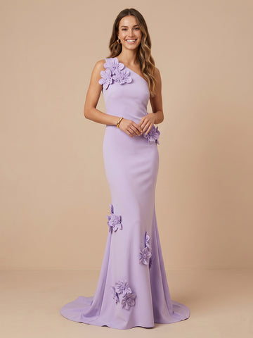 Satin Mermaid One Shoulder Sleeveless Floor Length Evening Dresses with Flower