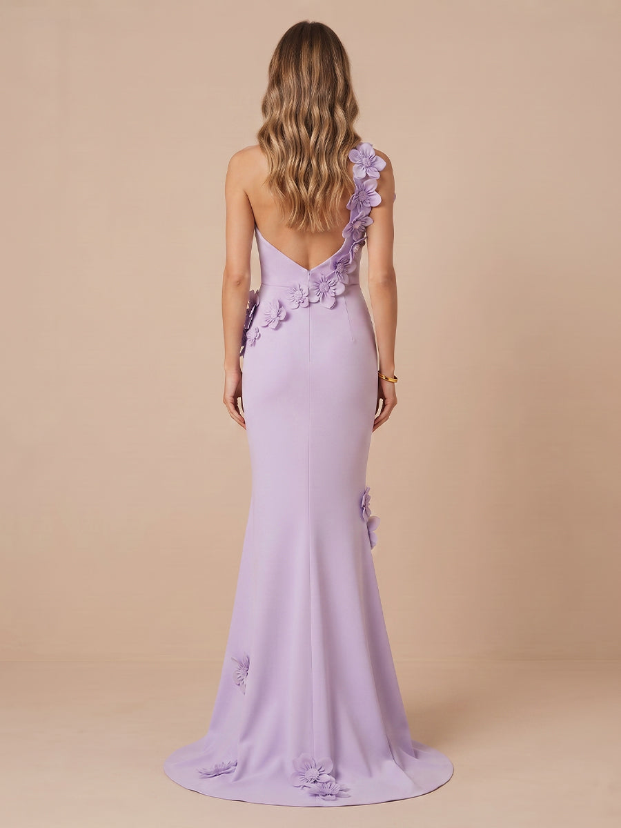 Satin Mermaid One Shoulder Sleeveless Floor Length Evening Dresses with Flower