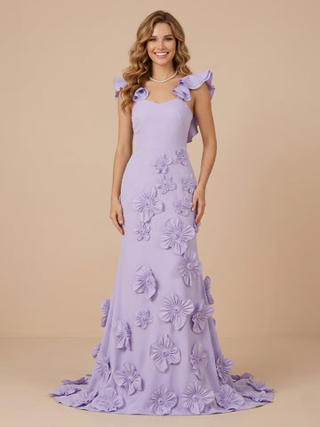 Satin A Line Flutter Sleeves Floor Length Evening Dresses with Flower