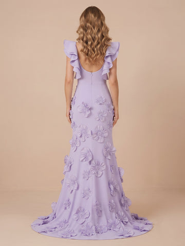 Satin A Line Flutter Sleeves Floor Length Evening Dresses with Flower