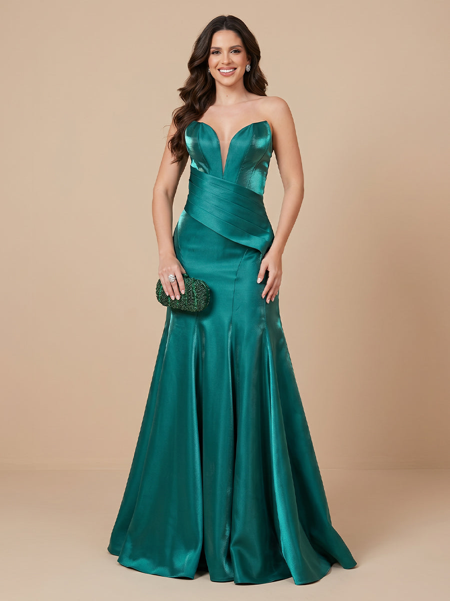 Satin A Line Strapless V Neck Floor Length Wedding Guest Dresses
