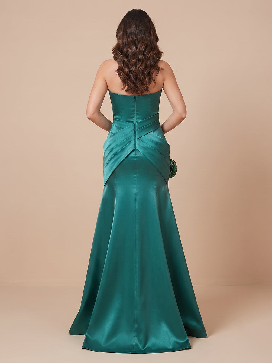 Satin A Line Strapless V Neck Floor Length Wedding Guest Dresses