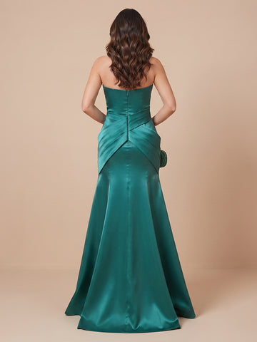 Satin A Line Strapless V Neck Floor Length Wedding Guest Dresses