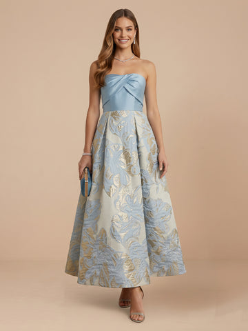 Satin Jacquard Strapless A Line Sleeveless Tea Length Wedding Guest Dresses
