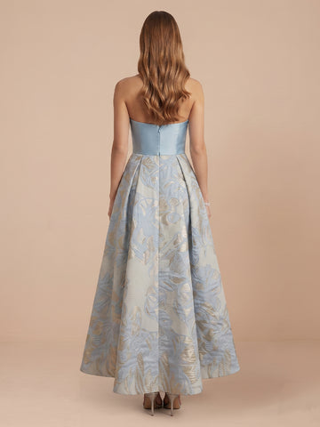 Satin Jacquard Strapless A Line Sleeveless Tea Length Wedding Guest Dresses