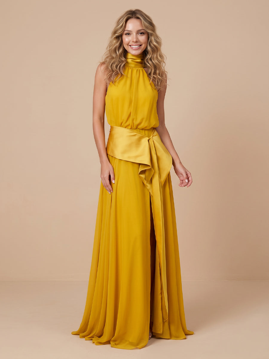 High Neck Satin A Line Sleeveless Wedding Guest Dresses with Slit