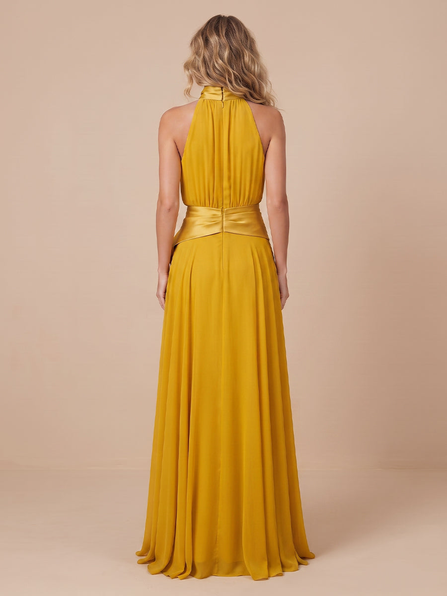 High Neck Satin A Line Sleeveless Wedding Guest Dresses with Slit
