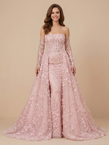 A Line Strapless Tulle Long Sleeves Lace Applique Corset Evening Dresses