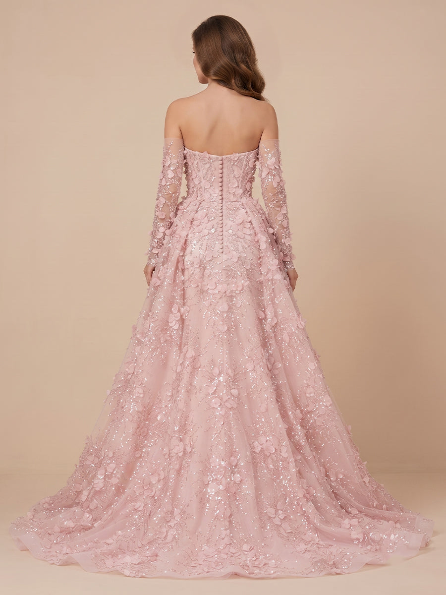 A Line Strapless Tulle Long Sleeves Lace Applique Corset Evening Dresses
