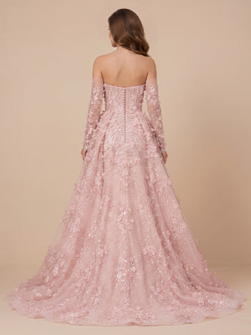 A Line Strapless Tulle Long Sleeves Lace Applique Corset Evening Dresses