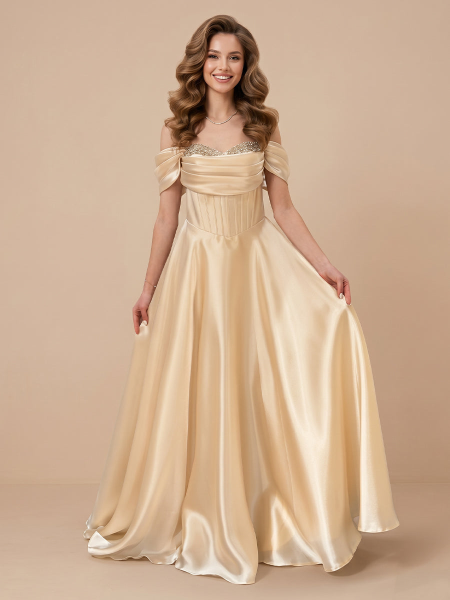 Off the Shoulder Satin A Line Sleeveless Corset Wedding Guest Dresses