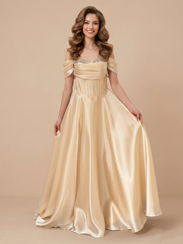 Off the Shoulder Satin A Line Sleeveless Corset Wedding Guest Dresses