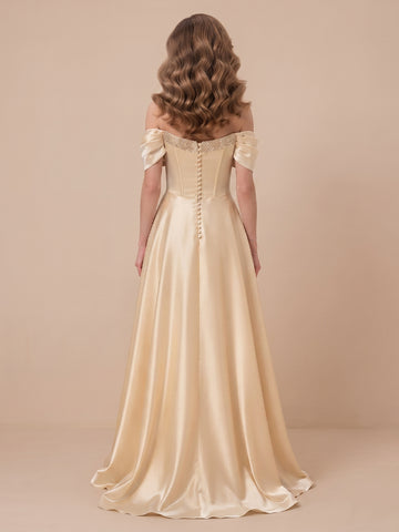 Off the Shoulder Satin A Line Sleeveless Corset Wedding Guest Dresses