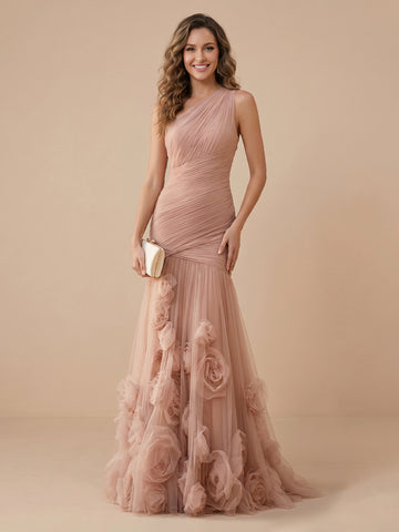 Mermaid One Shoulder Tulle Sleeveless Evening Dresses with Flower