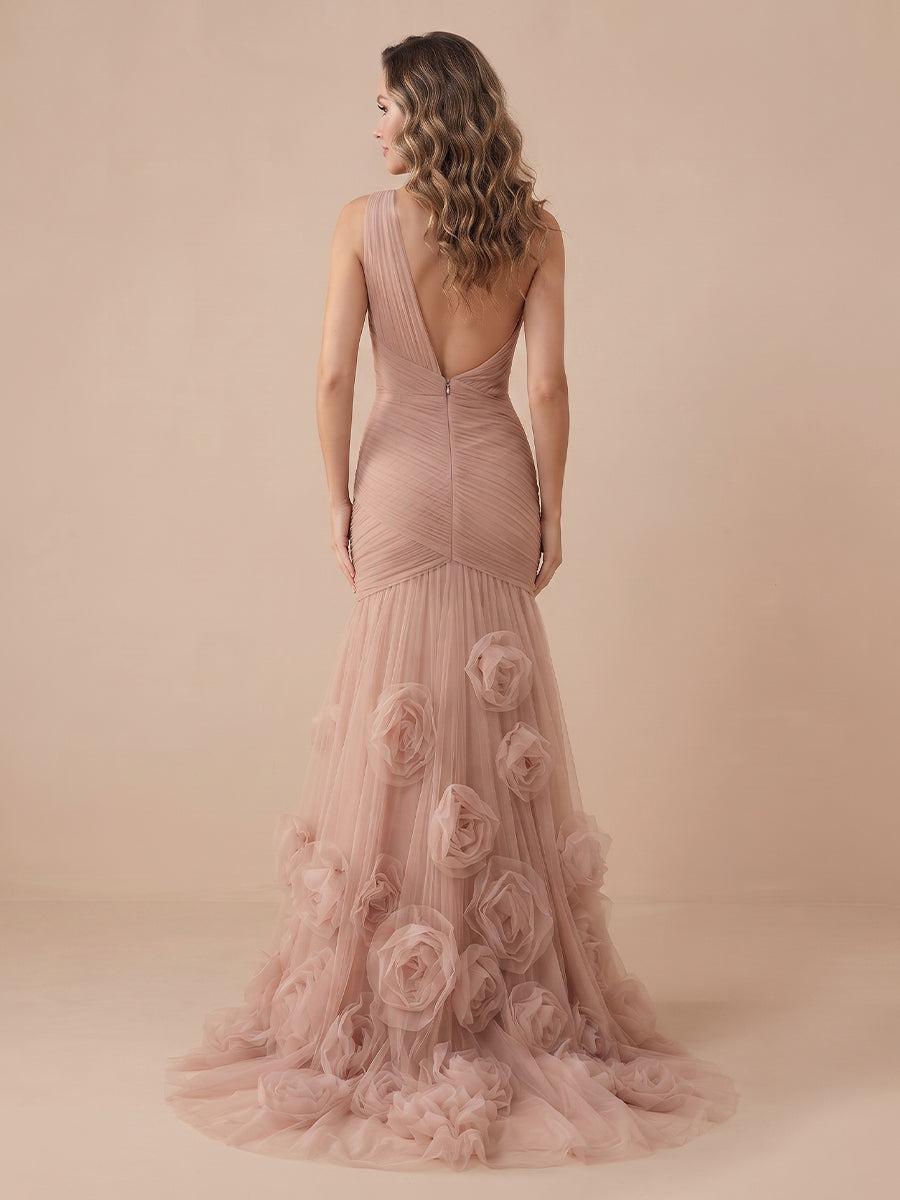Mermaid One Shoulder Tulle Sleeveless Evening Dresses with Flower