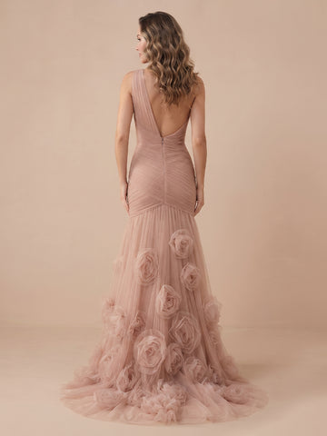 Mermaid One Shoulder Tulle Sleeveless Evening Dresses with Flower