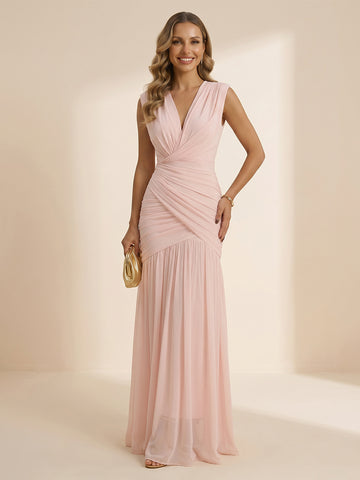 Chiffon Mermaid V Neck Sleeveless Wedding Guest Dresses