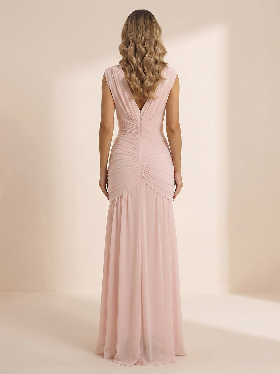 Chiffon Mermaid V Neck Sleeveless Wedding Guest Dresses