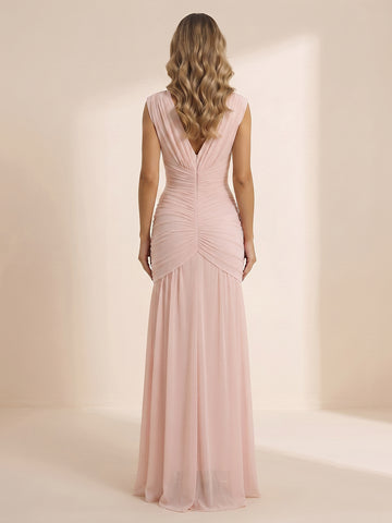 Chiffon Mermaid V Neck Sleeveless Wedding Guest Dresses