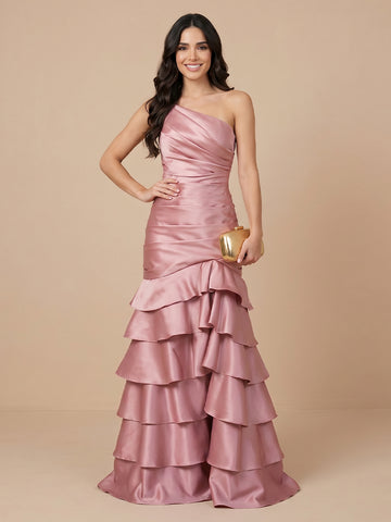 Sheath One Shoulder Satin Sleeveless Tiered Evening Dresses