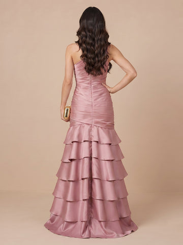 Sheath One Shoulder Satin Sleeveless Tiered Evening Dresses