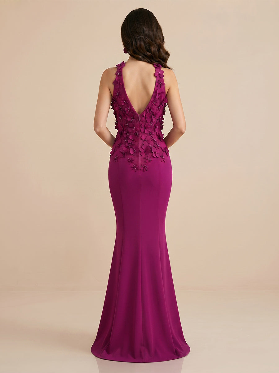 Jewel Satin Mermaid Sleeveless Wedding Guest Dresses with Flower