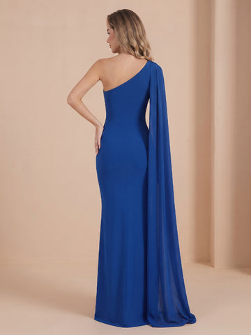 Satin Sheath One Shoulder Sleeveless Wedding Guest Dresses with Slit