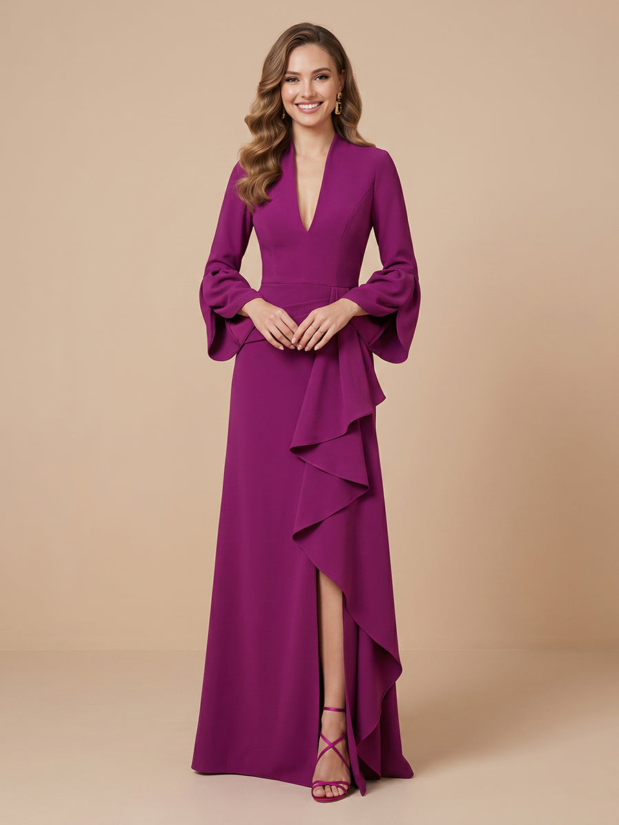 V Neck Satin A Line Long Sleeves Wedding Guest Dresses with Slit