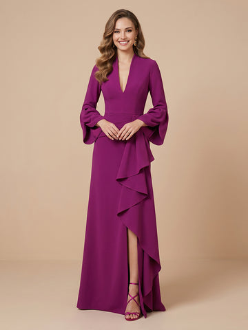 V Neck Satin A Line Long Sleeves Wedding Guest Dresses with Slit