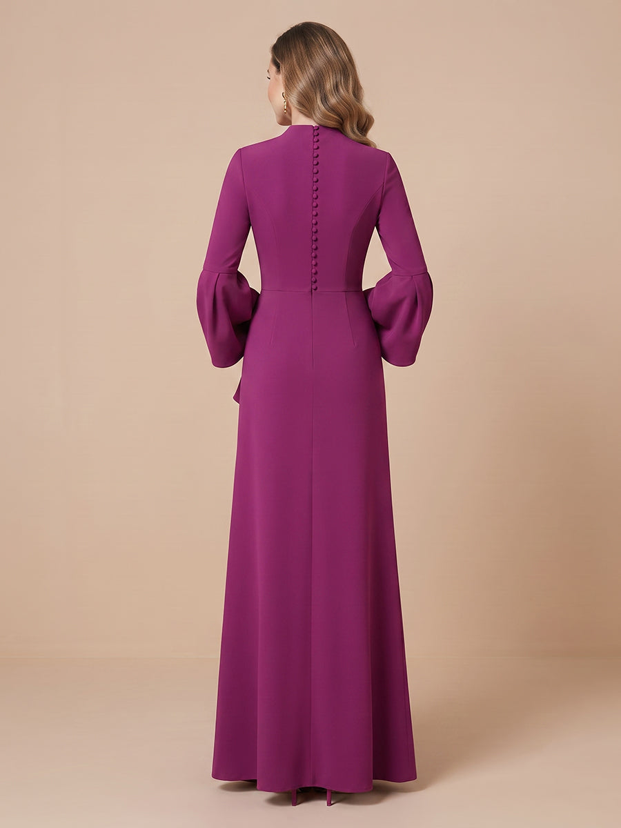 V Neck Satin A Line Long Sleeves Wedding Guest Dresses with Slit