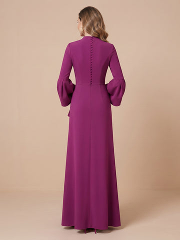 V Neck Satin A Line Long Sleeves Wedding Guest Dresses with Slit