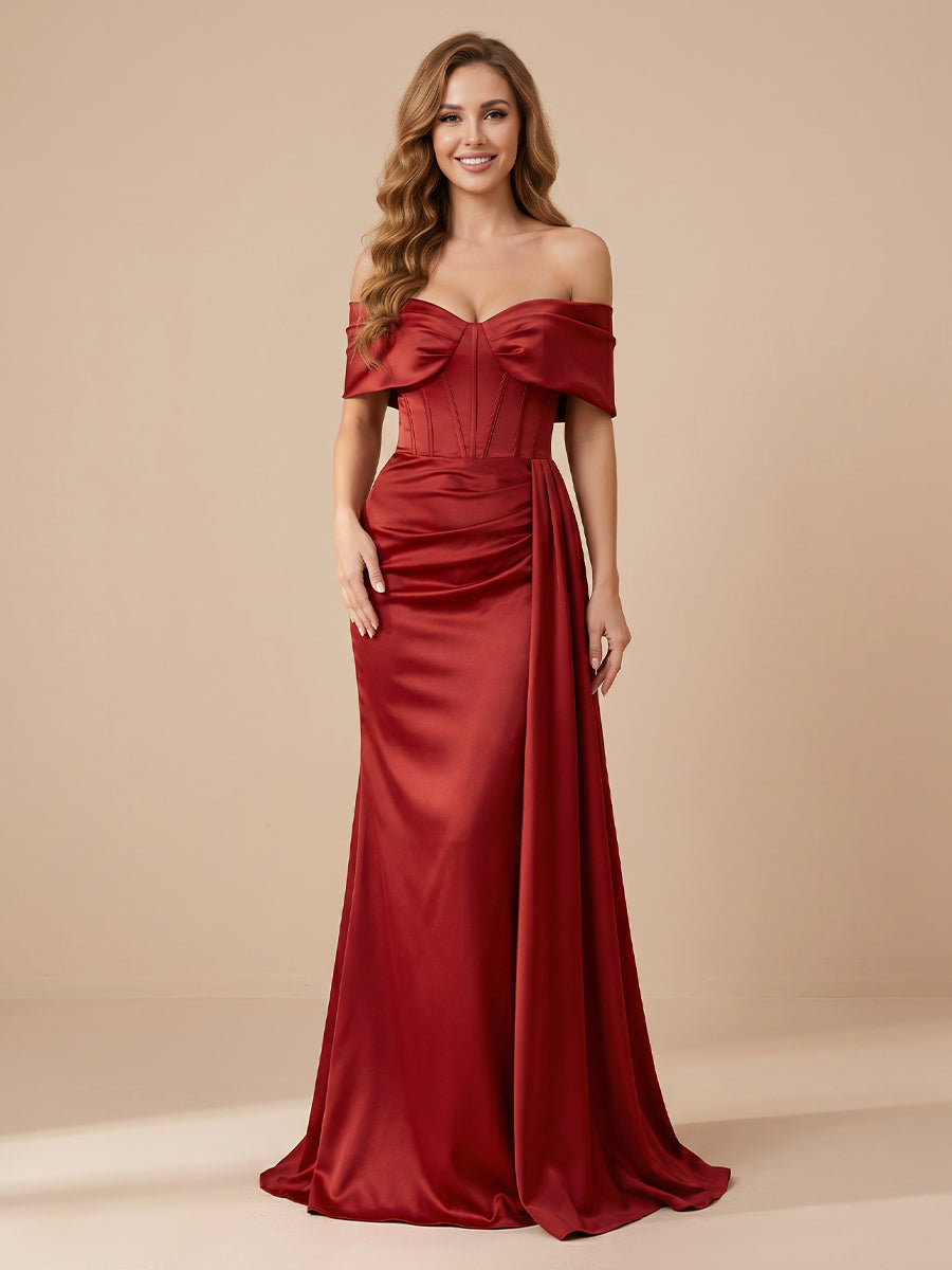 Sheath Off the Shoulder Satin Sleeveless Corset Wedding Guest Dresses