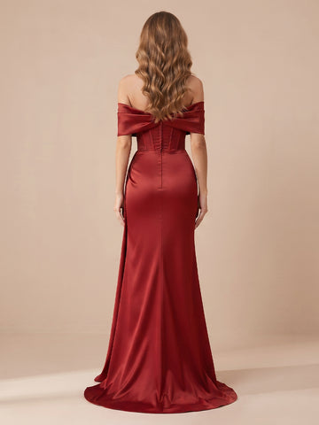 Sheath Off the Shoulder Satin Sleeveless Corset Wedding Guest Dresses