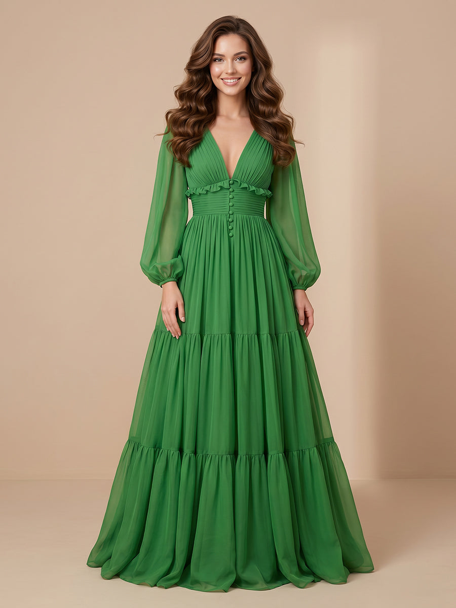 V Neck Chiffon A Line Long Sleeves Wedding Guest Dresses with Ruched