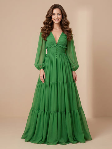 V Neck Chiffon A Line Long Sleeves Wedding Guest Dresses with Ruched