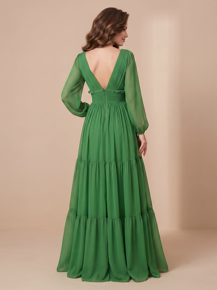 V Neck Chiffon A Line Long Sleeves Wedding Guest Dresses with Ruched