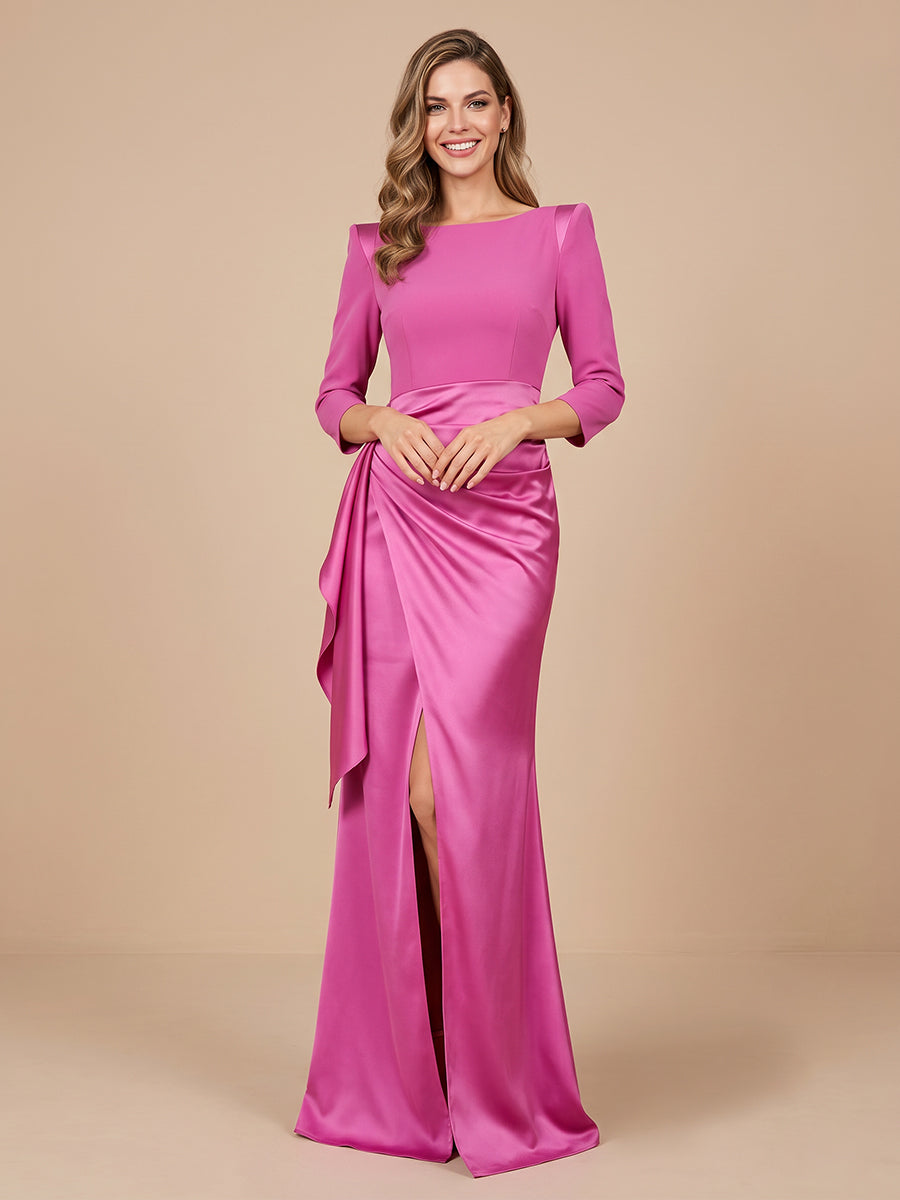 Sheath Boat Neck Satin 3/4 Sleeves Wedding Guest Dresses with Slit
