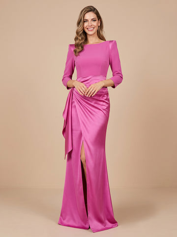 Sheath Boat Neck Satin 3/4 Sleeves Wedding Guest Dresses with Slit