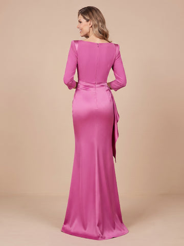 Sheath Boat Neck Satin 3/4 Sleeves Wedding Guest Dresses with Slit