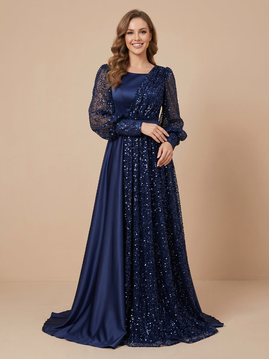 A Line Scoop Neck Tulle Long Sleeves Sequin Wedding Guest Dresses